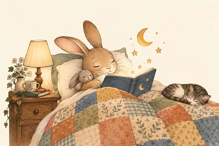 A sleepy bunny tucked under a patchwork blanket with a storybook, little stars and a bedside lamp
