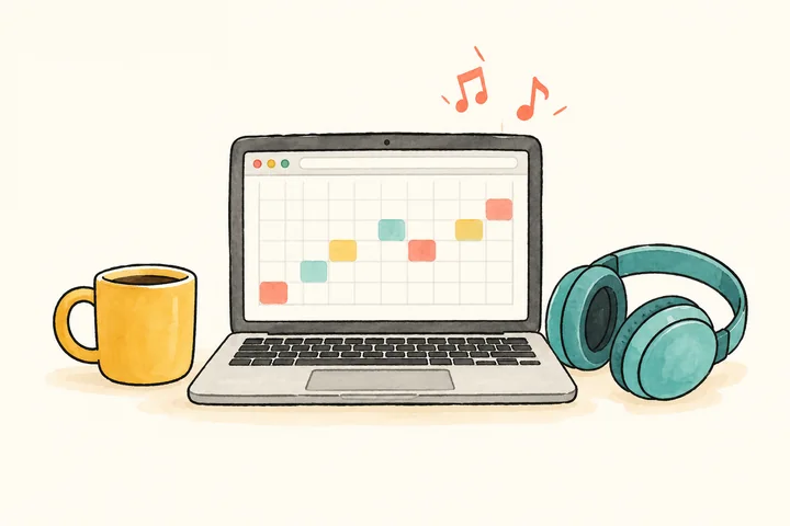 Hand-drawn laptop with a melody grid, teal headphones, musical notes and a yellow coffee mug