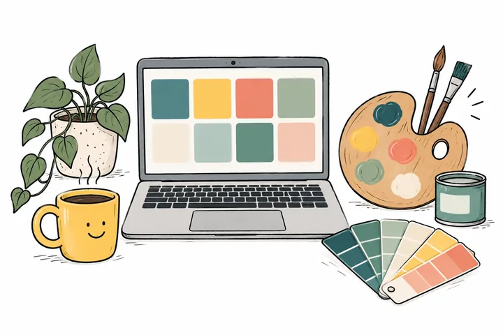 Hand-drawn laptop with color swatches, an artist palette, brushes, paint samples and a yellow mug