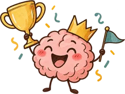 A happy little brain celebrating with a crown, trophy and flag