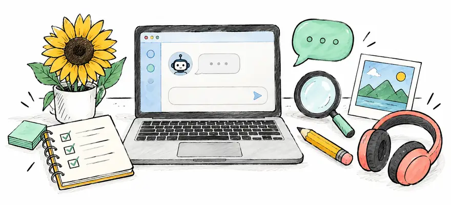 Sketch of a laptop, research notes and useful everyday AI tools
