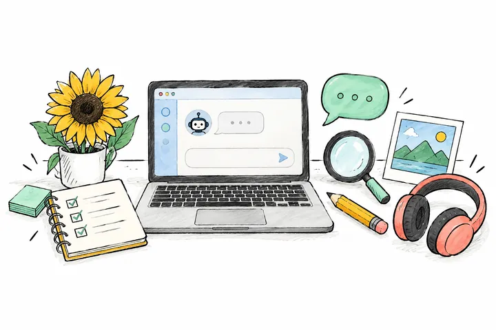 Hand-drawn laptop with research notes, a pencil and headphones for everyday AI tasks