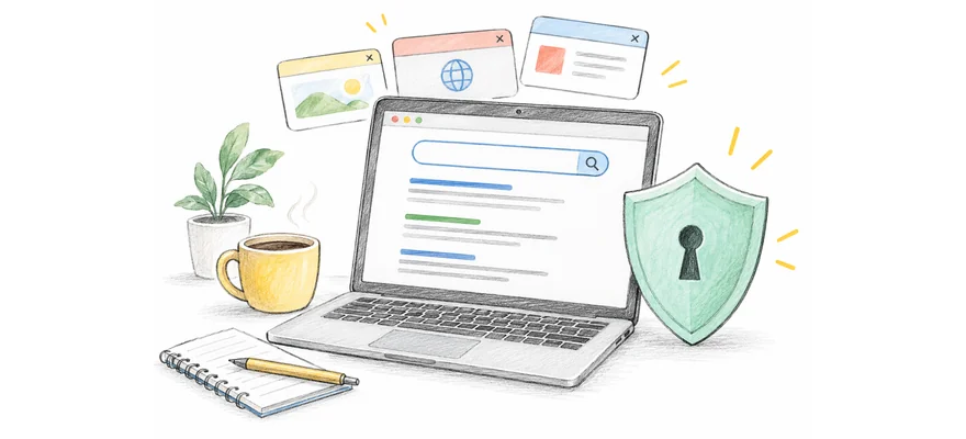 Hand-drawn laptop with a search field, a privacy shield and a coffee cup
